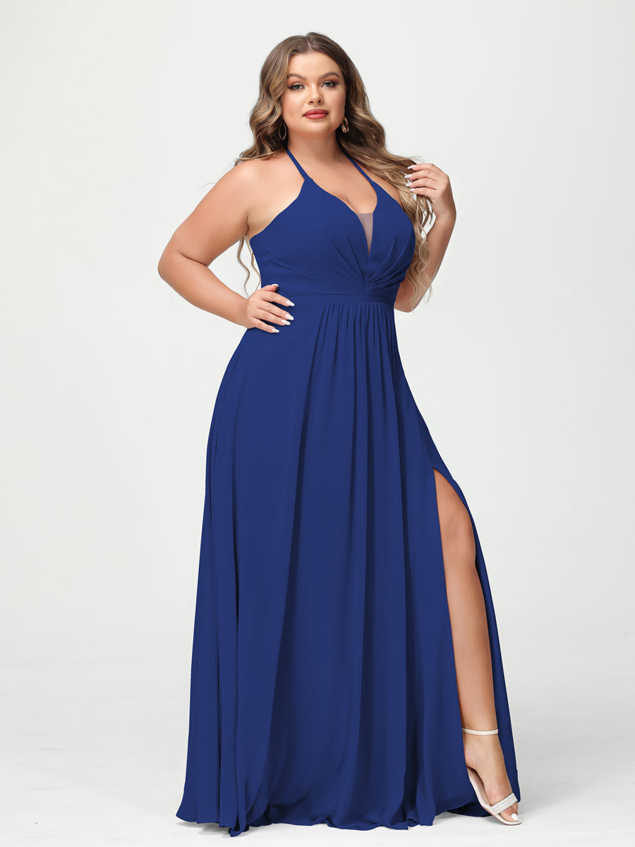 A-Line/Princess Halter Sleeveless Chiffon Ruched Split Side Plus Size Bridesmaid Dresses with Pockets - 이미지 55