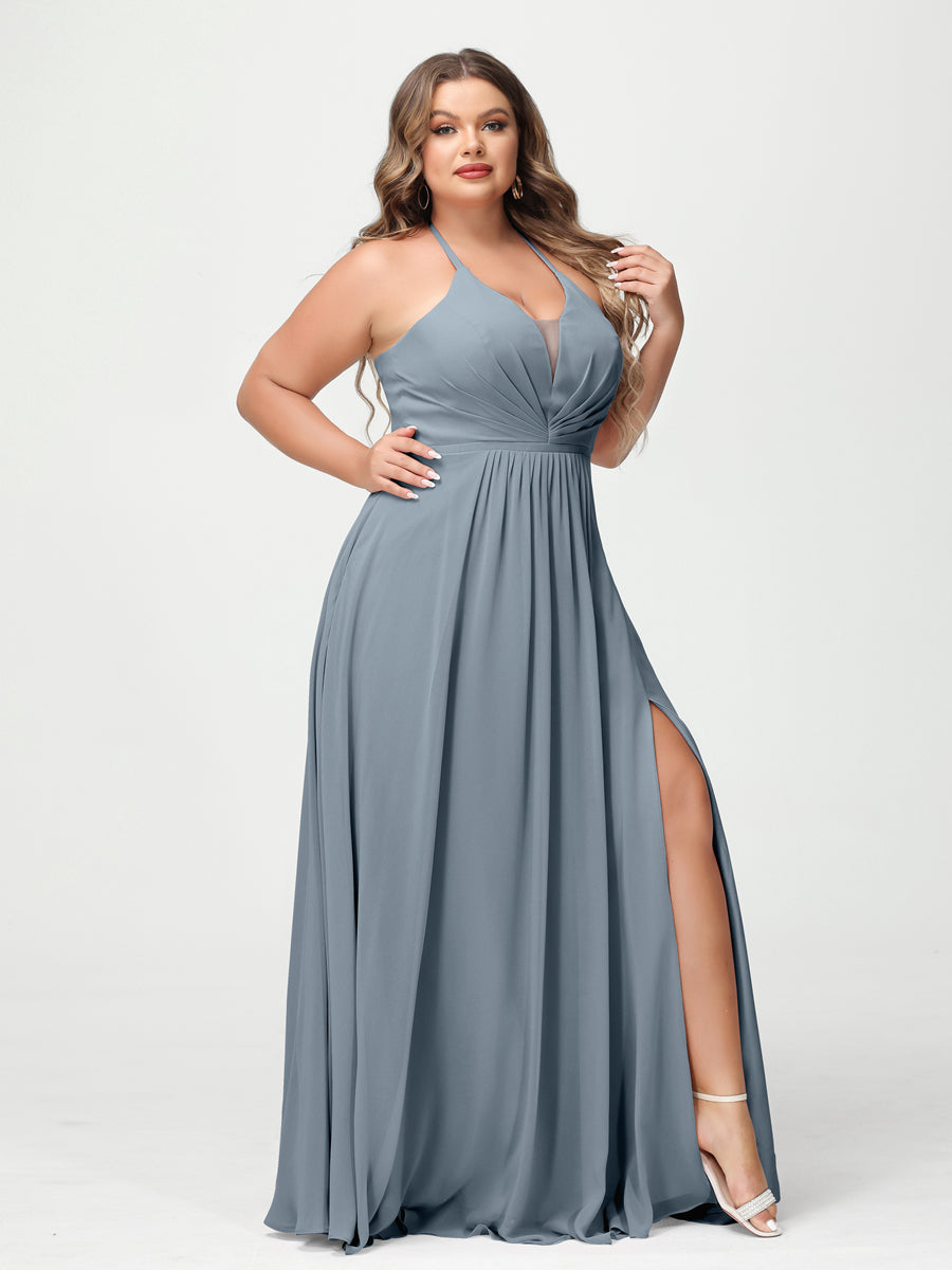 A-Line/Princess Halter Sleeveless Chiffon Ruched Split Side Plus Size Bridesmaid Dresses with Pockets - 이미지 7