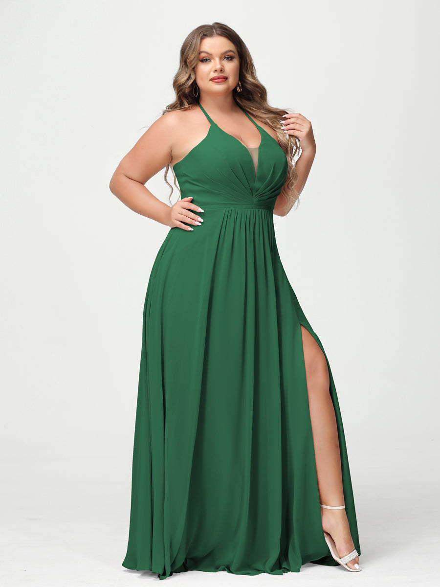 A-Line/Princess Halter Sleeveless Chiffon Ruched Split Side Plus Size Bridesmaid Dresses with Pockets - 이미지 66