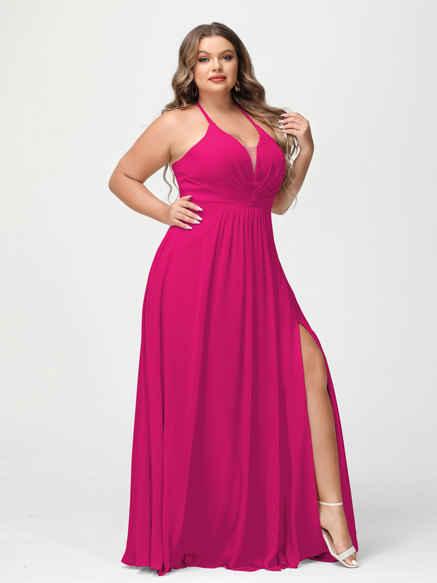 A-Line/Princess Halter Sleeveless Chiffon Ruched Split Side Plus Size Bridesmaid Dresses with Pockets - 이미지 33