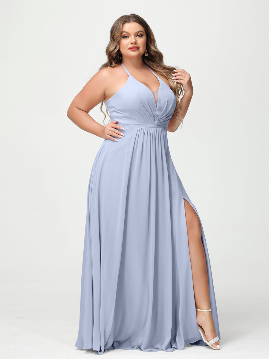 A-Line/Princess Halter Sleeveless Chiffon Ruched Split Side Plus Size Bridesmaid Dresses with Pockets - 이미지 47
