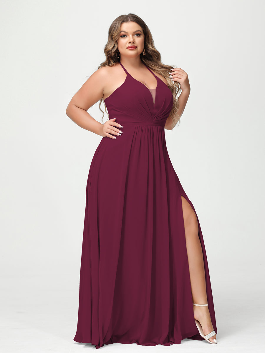 A-Line/Princess Halter Sleeveless Chiffon Ruched Split Side Plus Size Bridesmaid Dresses with Pockets - 이미지 37
