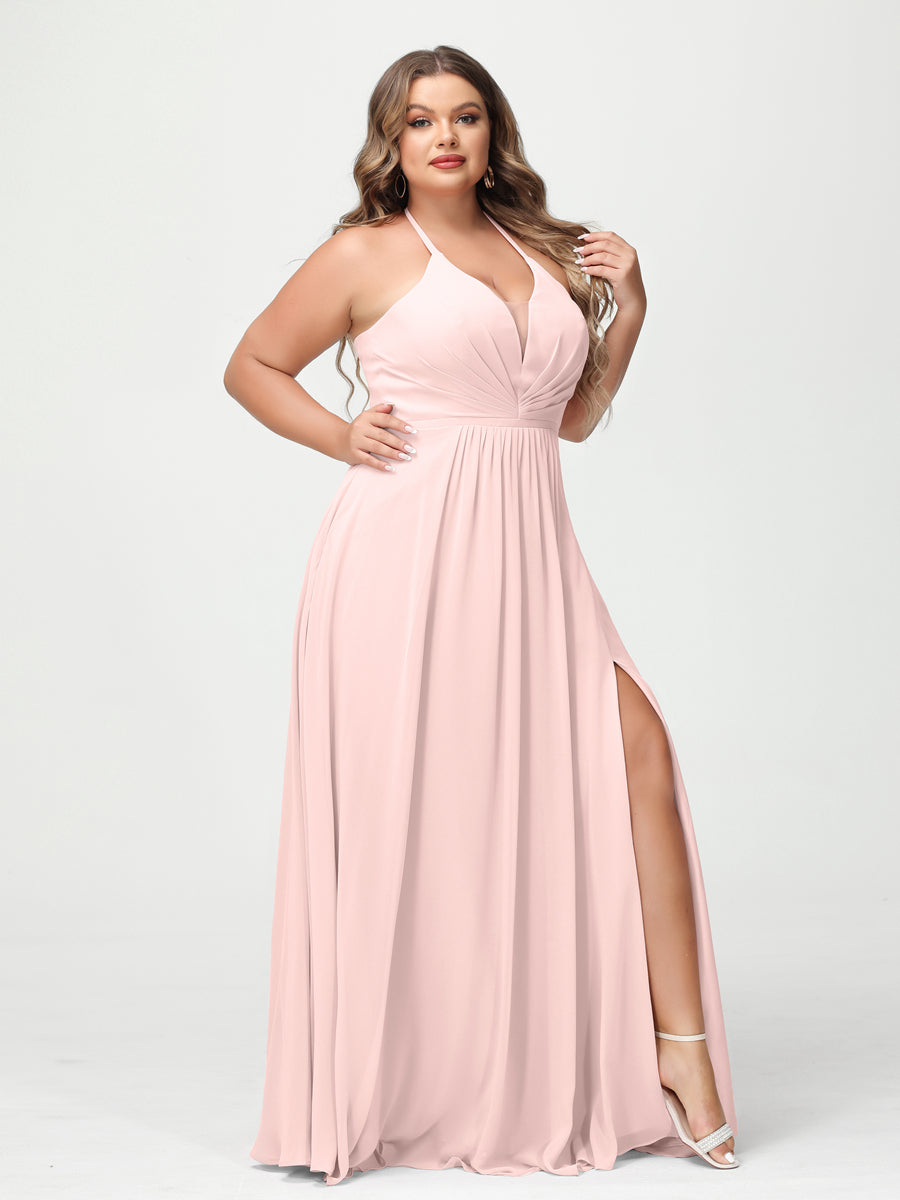 A-Line/Princess Halter Sleeveless Chiffon Ruched Split Side Plus Size Bridesmaid Dresses with Pockets - 이미지 26