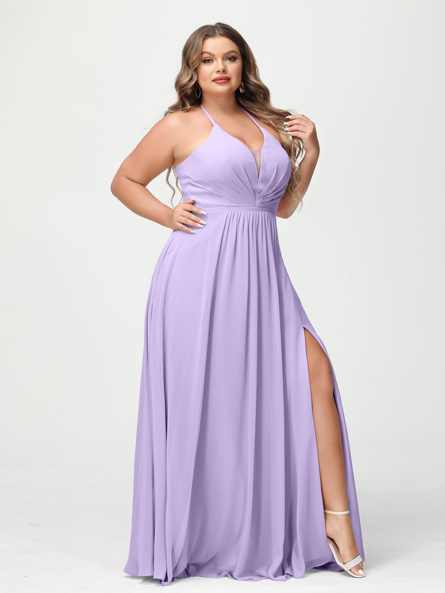 A-Line/Princess Halter Sleeveless Chiffon Ruched Split Side Plus Size Bridesmaid Dresses with Pockets - 이미지 13