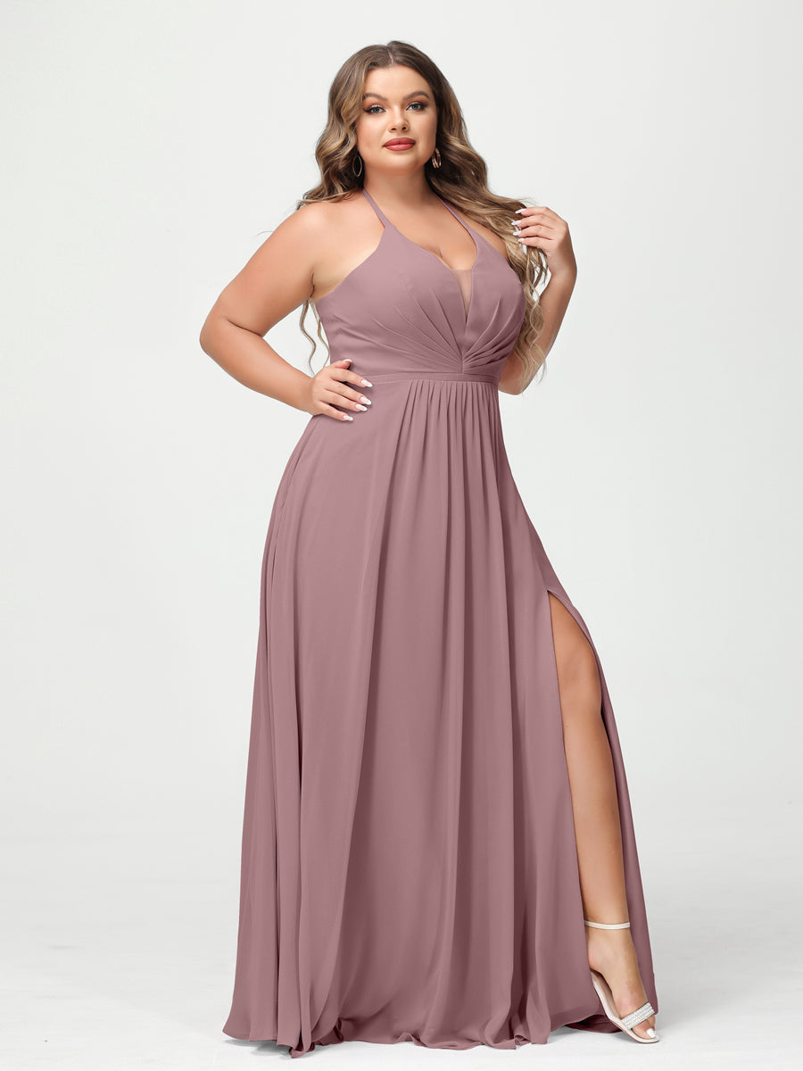 A-Line/Princess Halter Sleeveless Chiffon Ruched Split Side Plus Size Bridesmaid Dresses with Pockets - 이미지 30