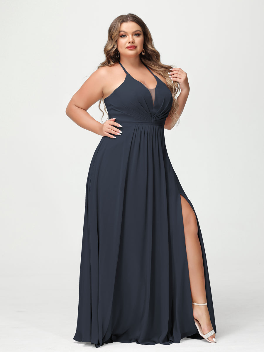 A-Line/Princess Halter Sleeveless Chiffon Ruched Split Side Plus Size Bridesmaid Dresses with Pockets - 이미지 58