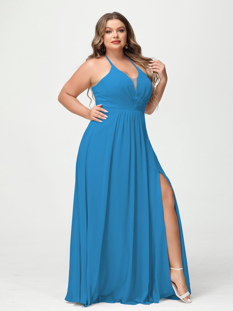 A-Line/Princess Halter Sleeveless Chiffon Ruched Split Side Plus Size Bridesmaid Dresses with Pockets - 이미지 52