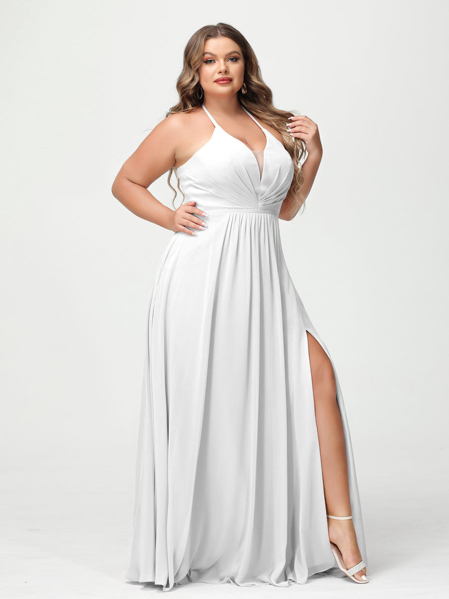 A-Line/Princess Halter Sleeveless Chiffon Ruched Split Side Plus Size Bridesmaid Dresses with Pockets - 이미지 19