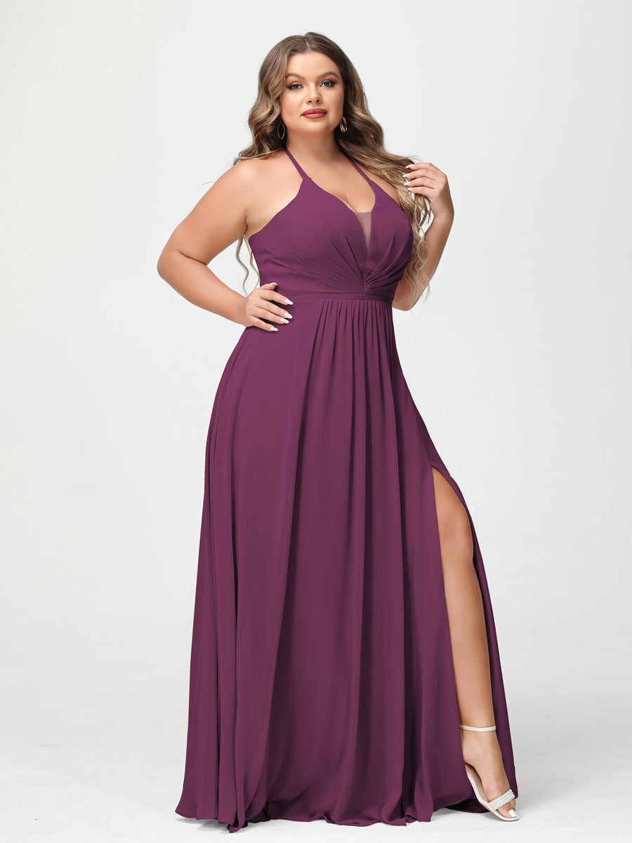 A-Line/Princess Halter Sleeveless Chiffon Ruched Split Side Plus Size Bridesmaid Dresses with Pockets - 이미지 43