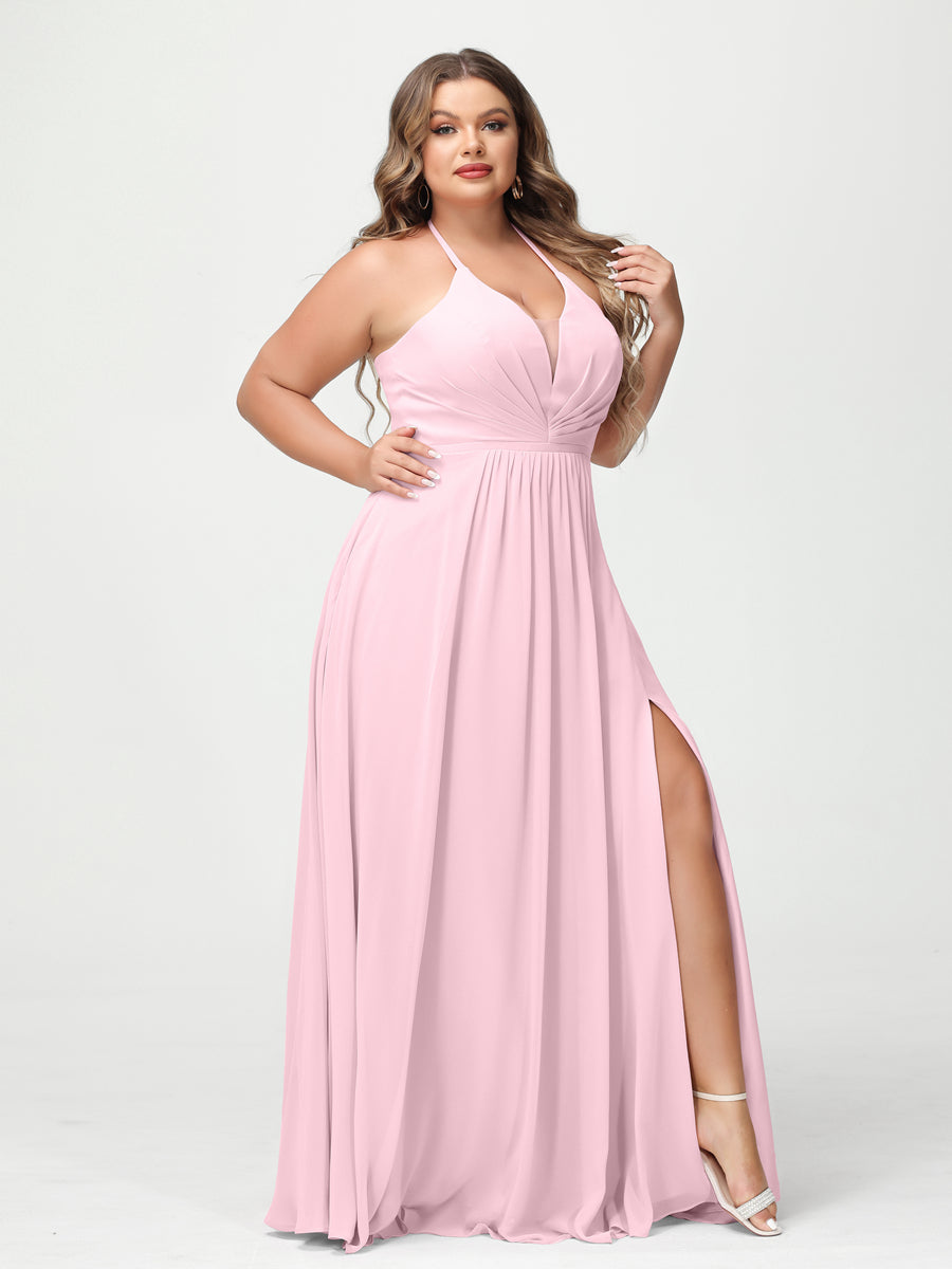 A-Line/Princess Halter Sleeveless Chiffon Ruched Split Side Plus Size Bridesmaid Dresses with Pockets - 이미지 24