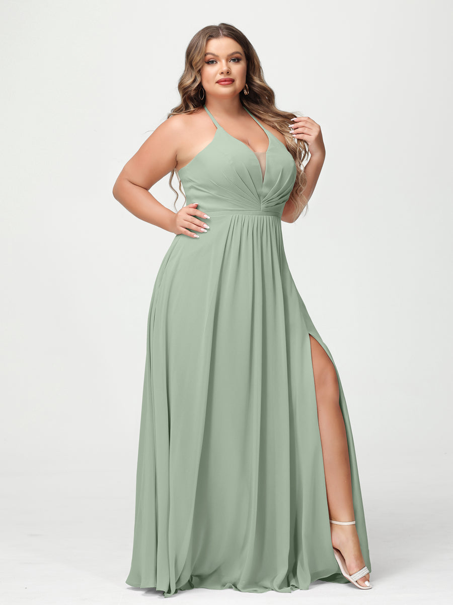 A-Line/Princess Halter Sleeveless Chiffon Ruched Split Side Plus Size Bridesmaid Dresses with Pockets - 이미지 9