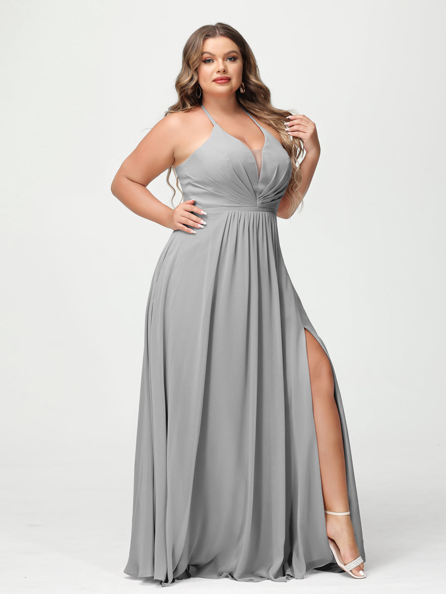 A-Line/Princess Halter Sleeveless Chiffon Ruched Split Side Plus Size Bridesmaid Dresses with Pockets - 이미지 21