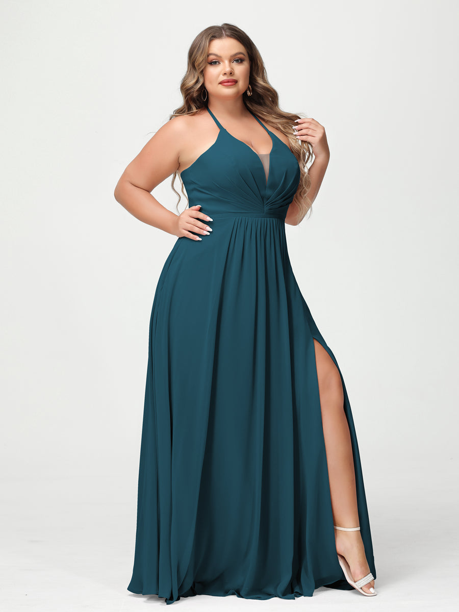 A-Line/Princess Halter Sleeveless Chiffon Ruched Split Side Plus Size Bridesmaid Dresses with Pockets - 이미지 57