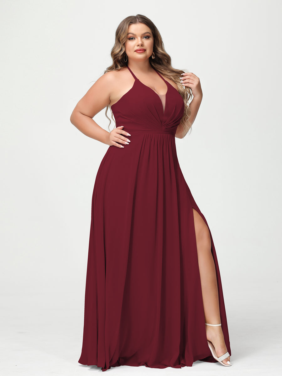 A-Line/Princess Halter Sleeveless Chiffon Ruched Split Side Plus Size Bridesmaid Dresses with Pockets - 이미지 36