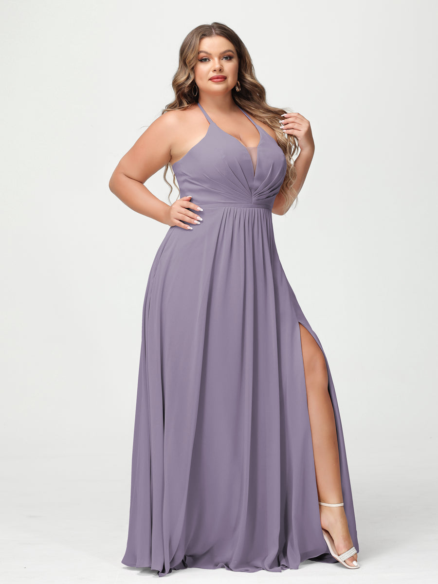 A-Line/Princess Halter Sleeveless Chiffon Ruched Split Side Plus Size Bridesmaid Dresses with Pockets - 이미지 38