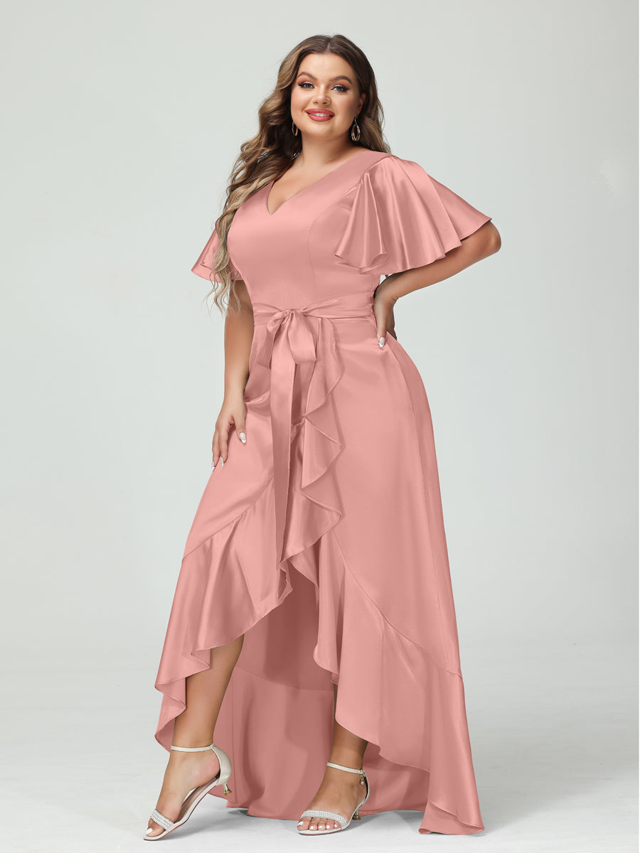 Sheath/Column V-Neck Short Sleeves Ruffles Asymmetrical Plus Size Dresses with Pockets & Sash - 画像 (26)