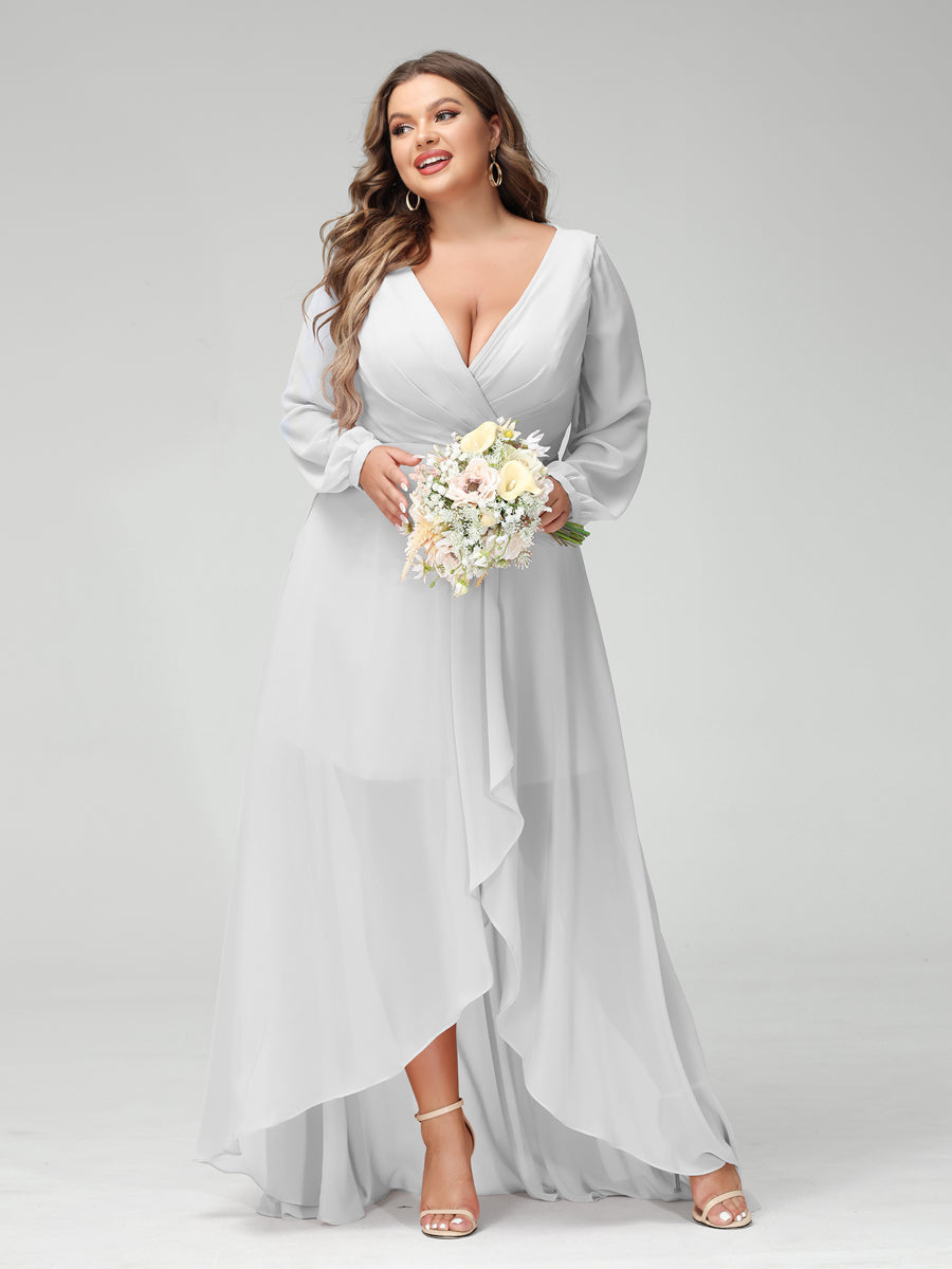 A-Line/Princess V-Neck Long Sleeves Chiffon Ruched Asymmetrical Plus Size Bridesmaid Dresses with Pockets - 画像 (19)