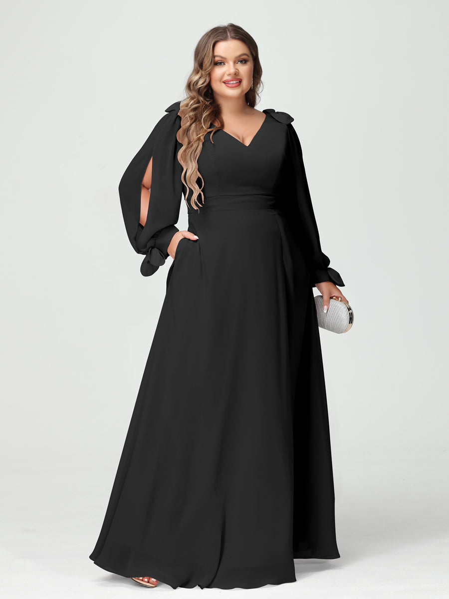 A-Line/Princess V-Neck Long Sleeves Chiffon Split Side Plus Size Bridesmaid Dresses with Pockets - 画像 (17)