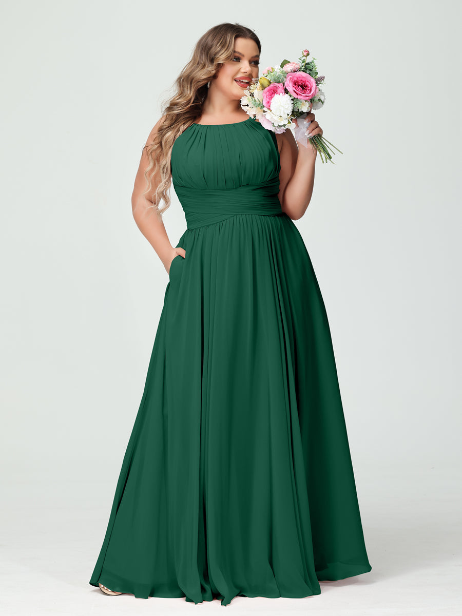 A-Line/Princess Spaghetti Straps Sleeveless Chiffon Ruched Plus Size Bridesmaid Dresses with Pockets - Image 11