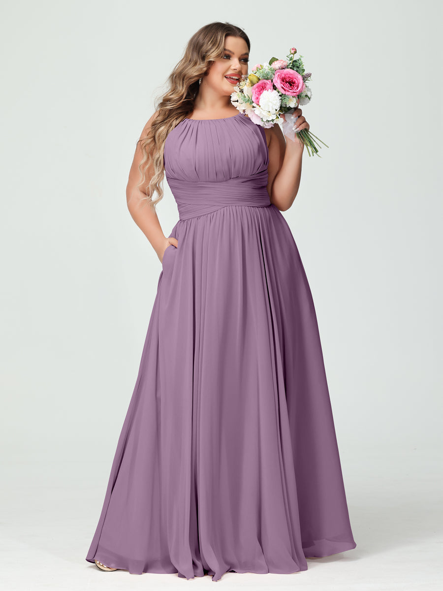 A-Line/Princess Spaghetti Straps Sleeveless Chiffon Ruched Plus Size Bridesmaid Dresses with Pockets - Image 40