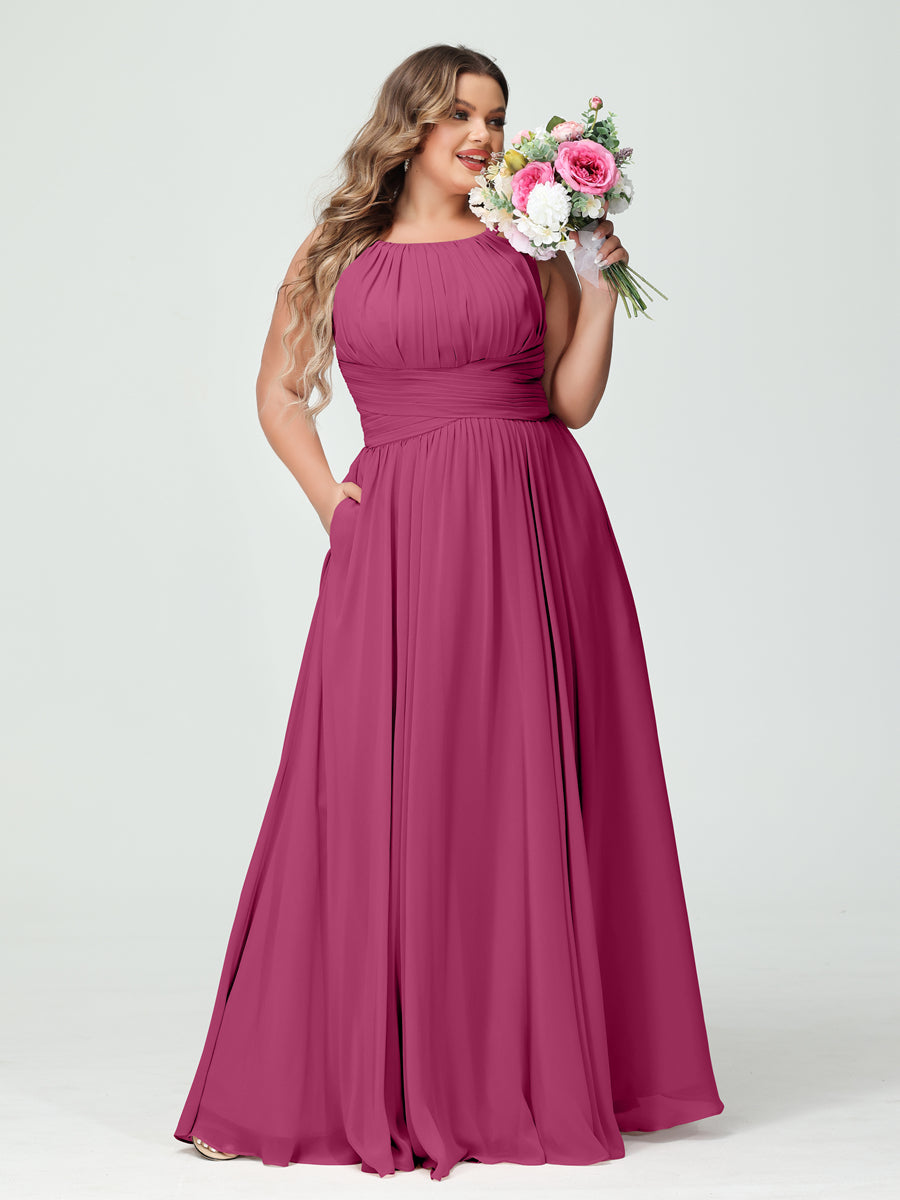 A-Line/Princess Spaghetti Straps Sleeveless Chiffon Ruched Plus Size Bridesmaid Dresses with Pockets - Image 35