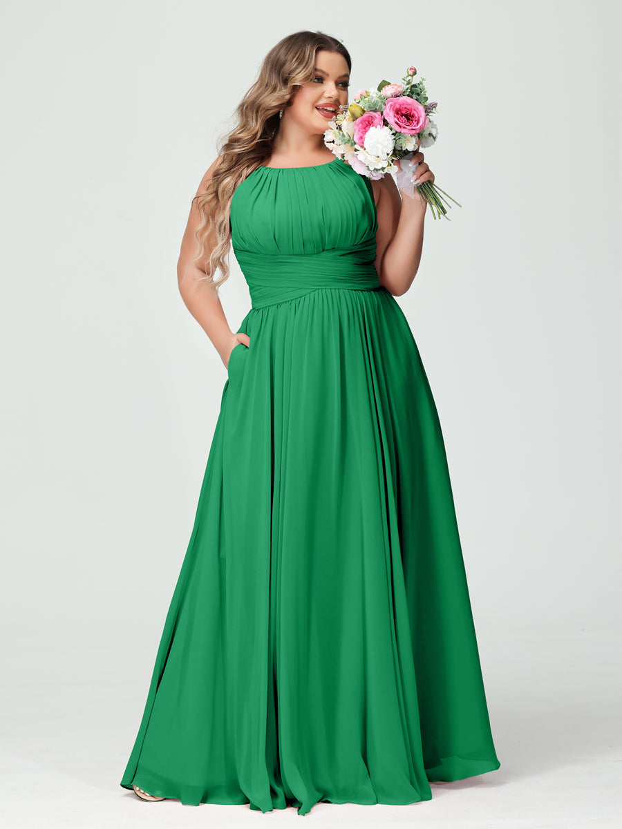 A-Line/Princess Spaghetti Straps Sleeveless Chiffon Ruched Plus Size Bridesmaid Dresses with Pockets - Image 64