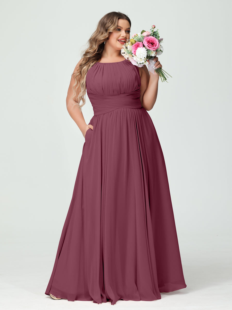 A-Line/Princess Spaghetti Straps Sleeveless Chiffon Ruched Plus Size Bridesmaid Dresses with Pockets - Image 43