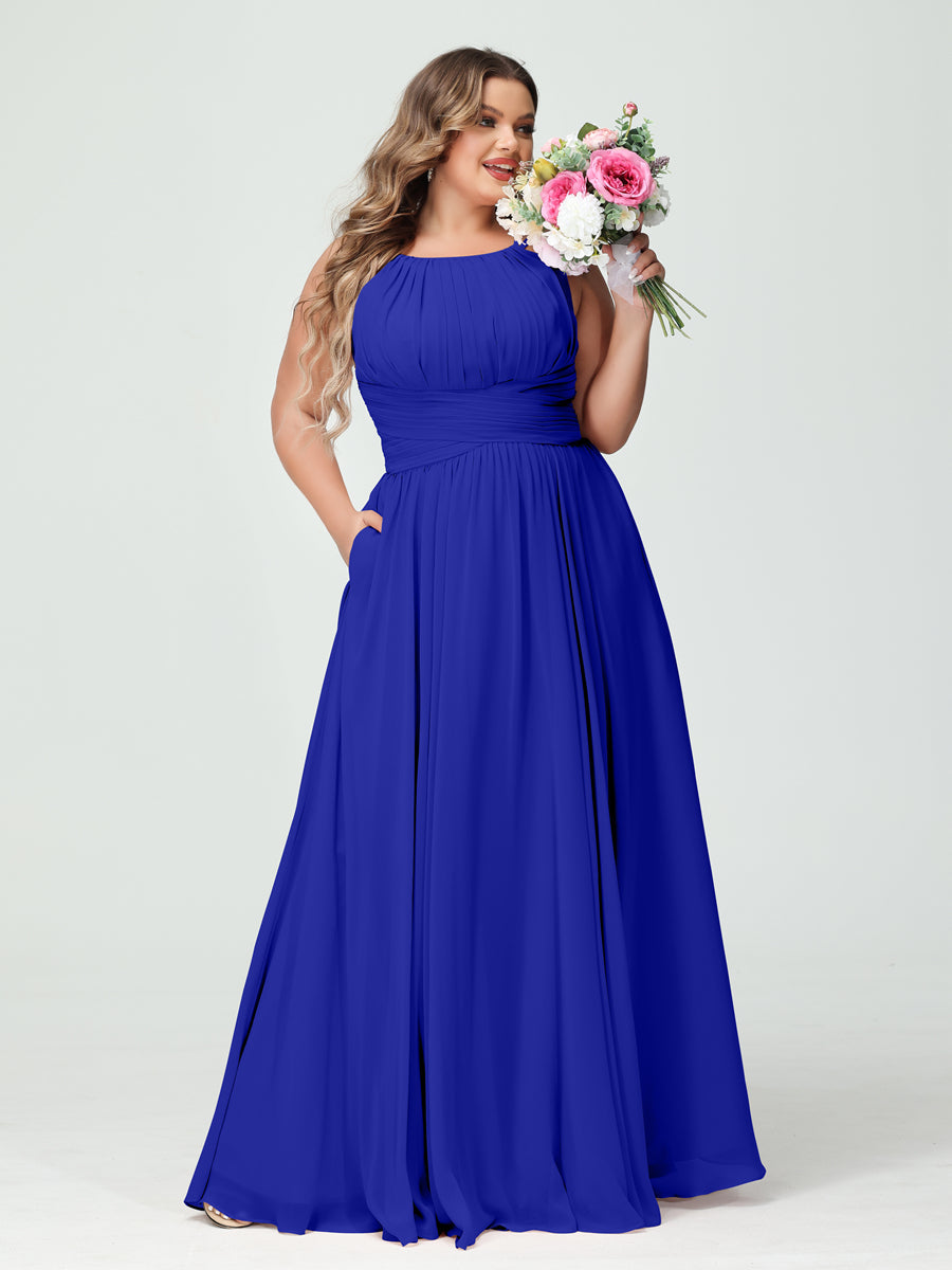 A-Line/Princess Spaghetti Straps Sleeveless Chiffon Ruched Plus Size Bridesmaid Dresses with Pockets - Image 55