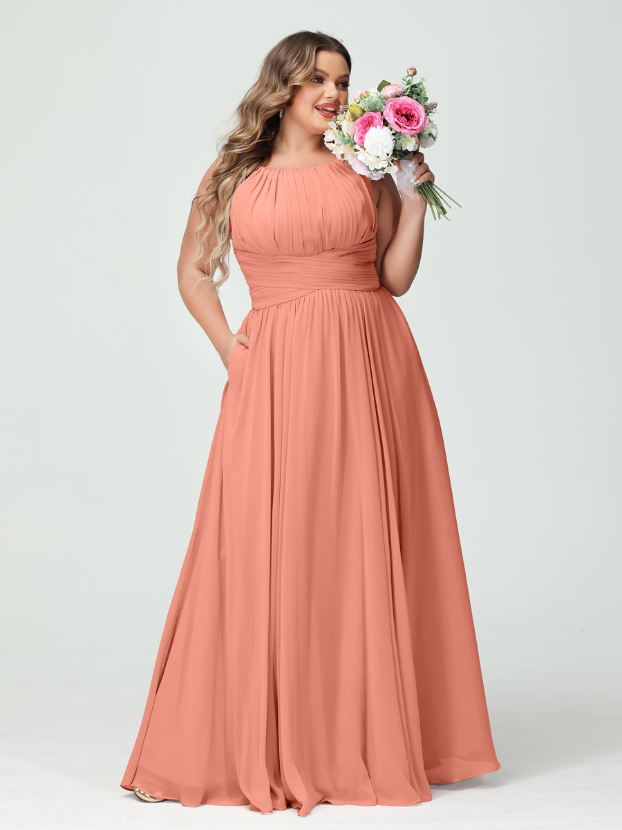 A-Line/Princess Spaghetti Straps Sleeveless Chiffon Ruched Plus Size Bridesmaid Dresses with Pockets - Image 15