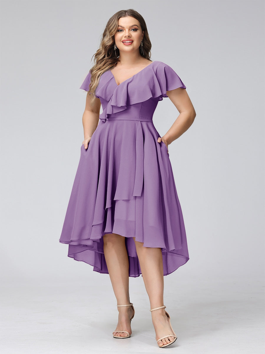A-Line V-Neck Short Sleeves Asymmetrical Chiffon Plus Size Bridesmaid Dresses With Pockets - 이미지 47