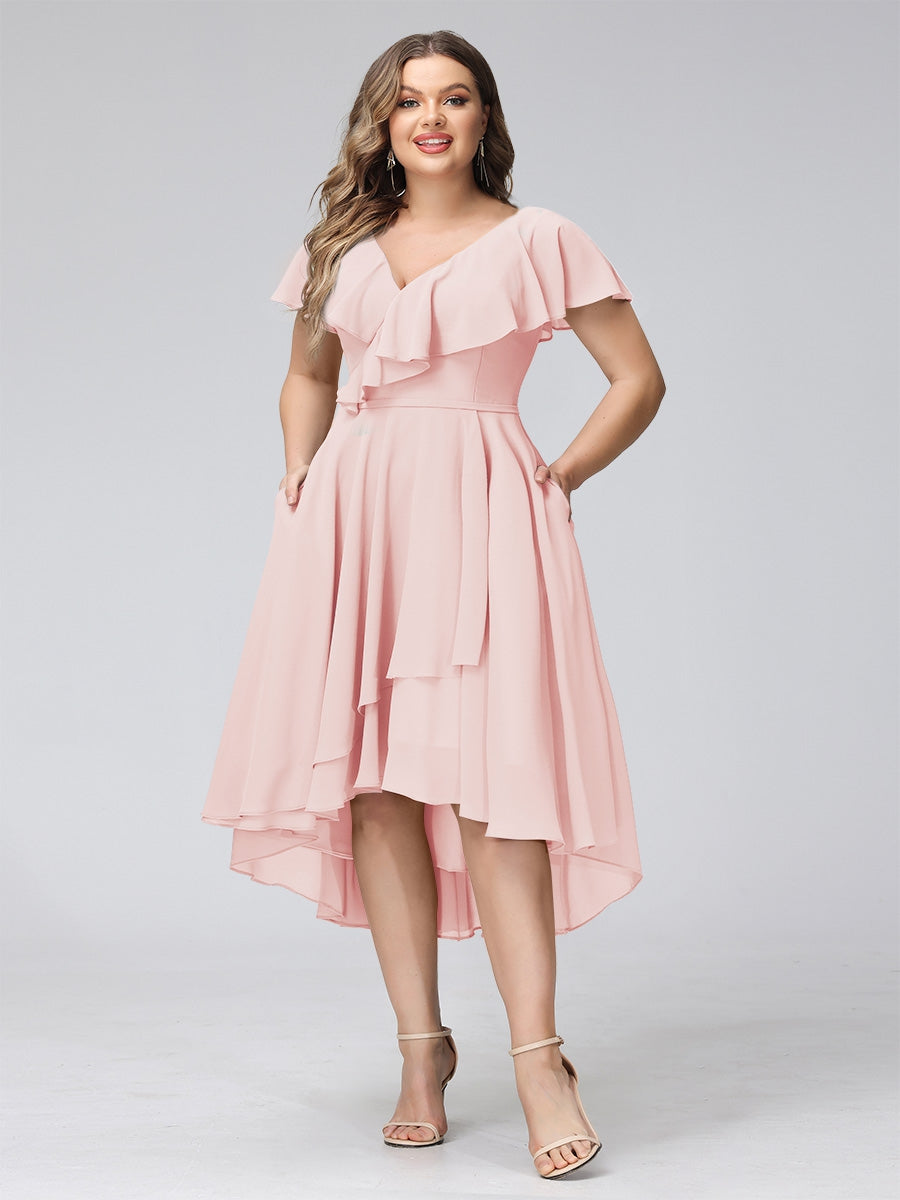 A-Line V-Neck Short Sleeves Asymmetrical Chiffon Plus Size Bridesmaid Dresses With Pockets - 이미지 20