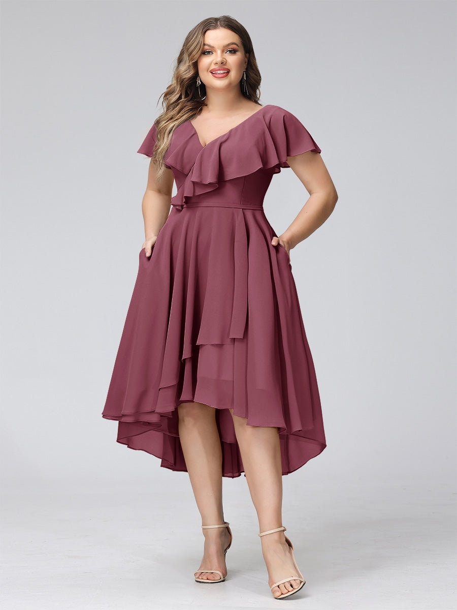 A-Line V-Neck Short Sleeves Asymmetrical Chiffon Plus Size Bridesmaid Dresses With Pockets - 이미지 24