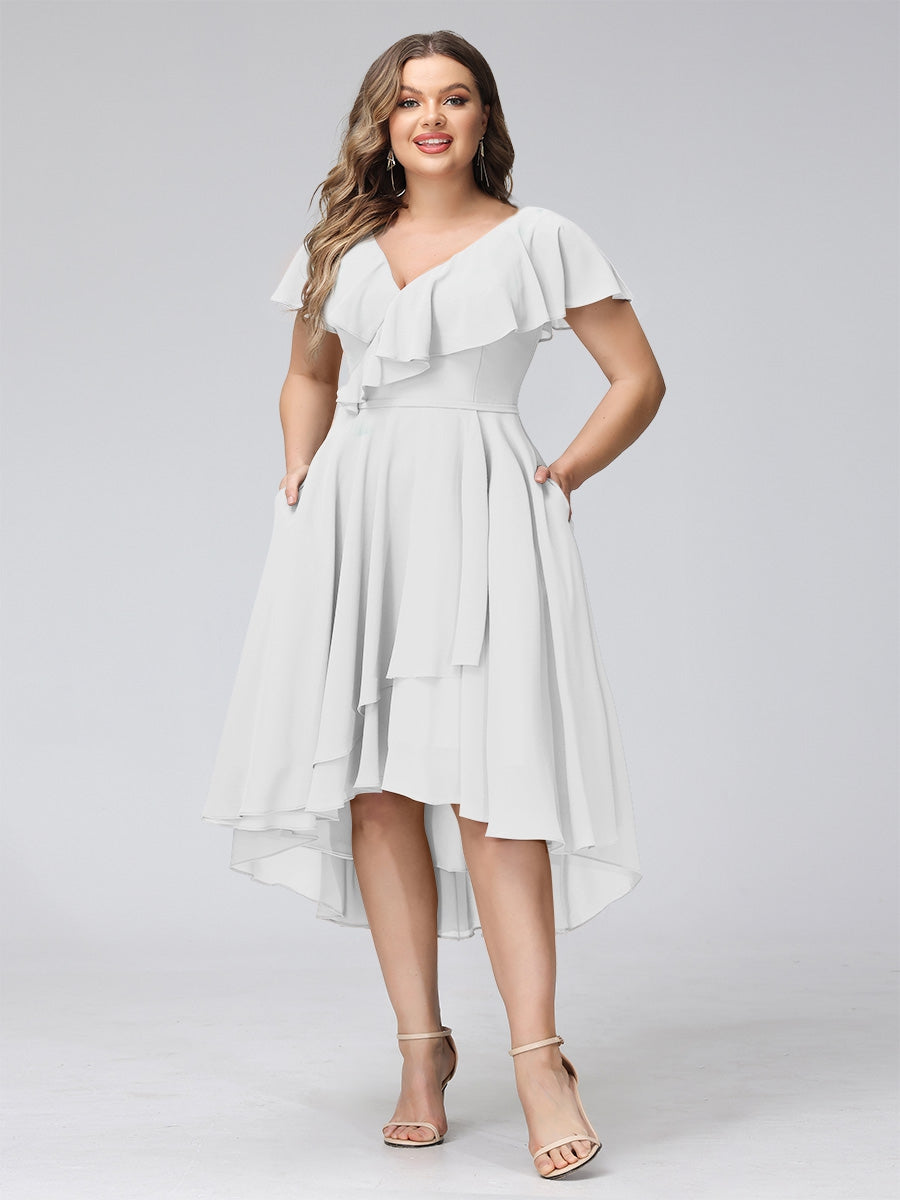 A-Line V-Neck Short Sleeves Asymmetrical Chiffon Plus Size Bridesmaid Dresses With Pockets - 이미지 25