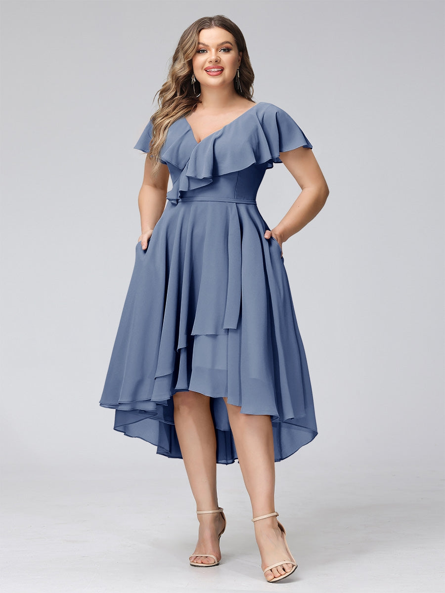 A-Line V-Neck Short Sleeves Asymmetrical Chiffon Plus Size Bridesmaid Dresses With Pockets - 이미지 66