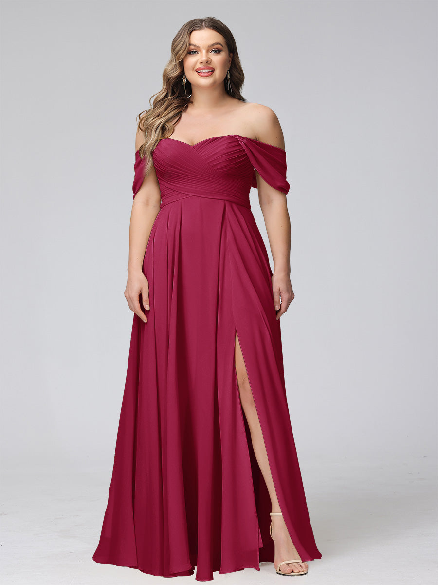 A-Line Off-the-Shoulder Sleeveless Ruched Long Chiffon Plus Size Bridesmaid Dresses with Split Side - 画像 (72)