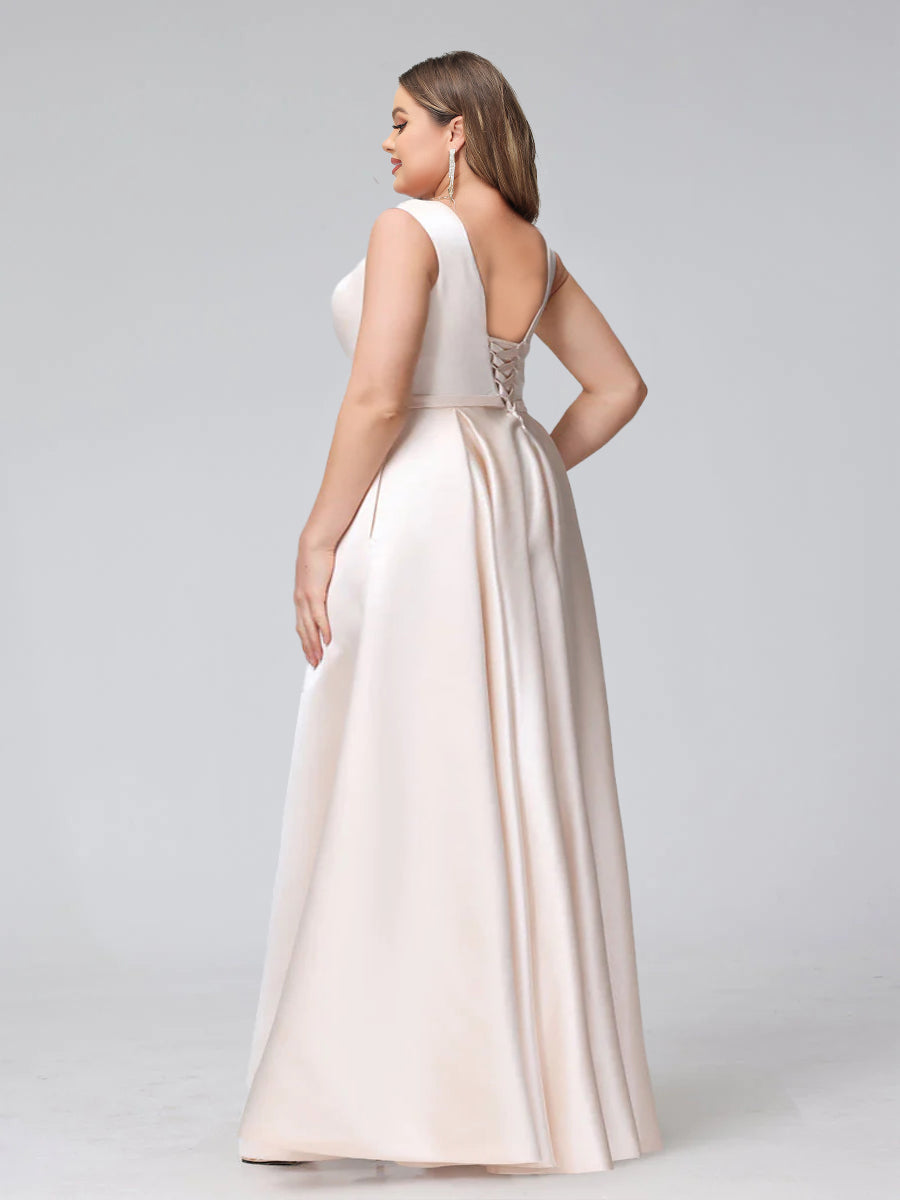 A-Line V-Neck Sleeveless Floor-Length Satin Plus Size Bridesmaid Dresses With Pockets - 이미지 2