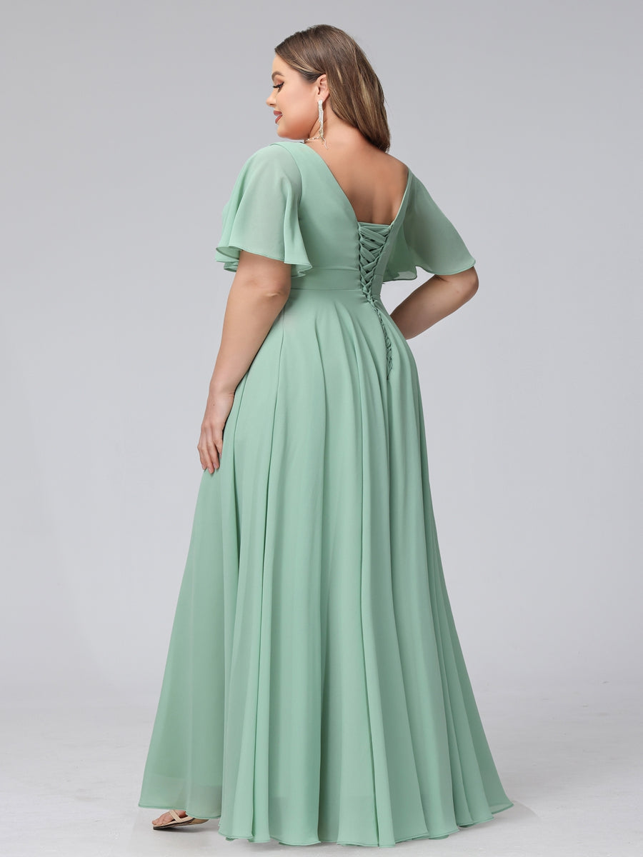 A-Line V-Neck Half Sleeves Long Chiffon Plus Size Bridesmaid Dresses with Ruffles Split Side Pockets - 画像 (2)