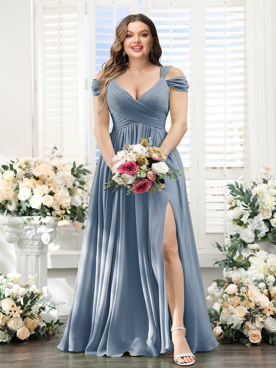 A-Line V-Neck Split Side Ruched Floor-Length Chiffon Plus Size Bridesmaid Dresses - 이미지 14