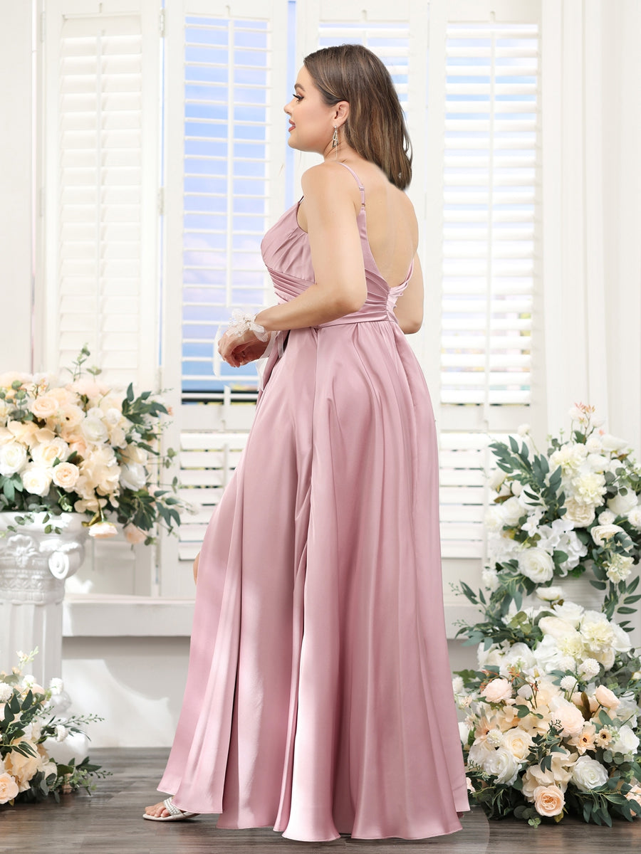 A-Line Spaghetti Straps Sleeveless Ruched Split Side Floor-Length Silk Satin Plus Size Bridesmaid Dresses - 이미지 2