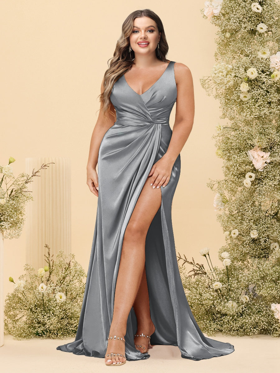 Sheath/Column V-Neck Long Formal Plus Size Dresses with Split Side & Ruched - 画像 (48)
