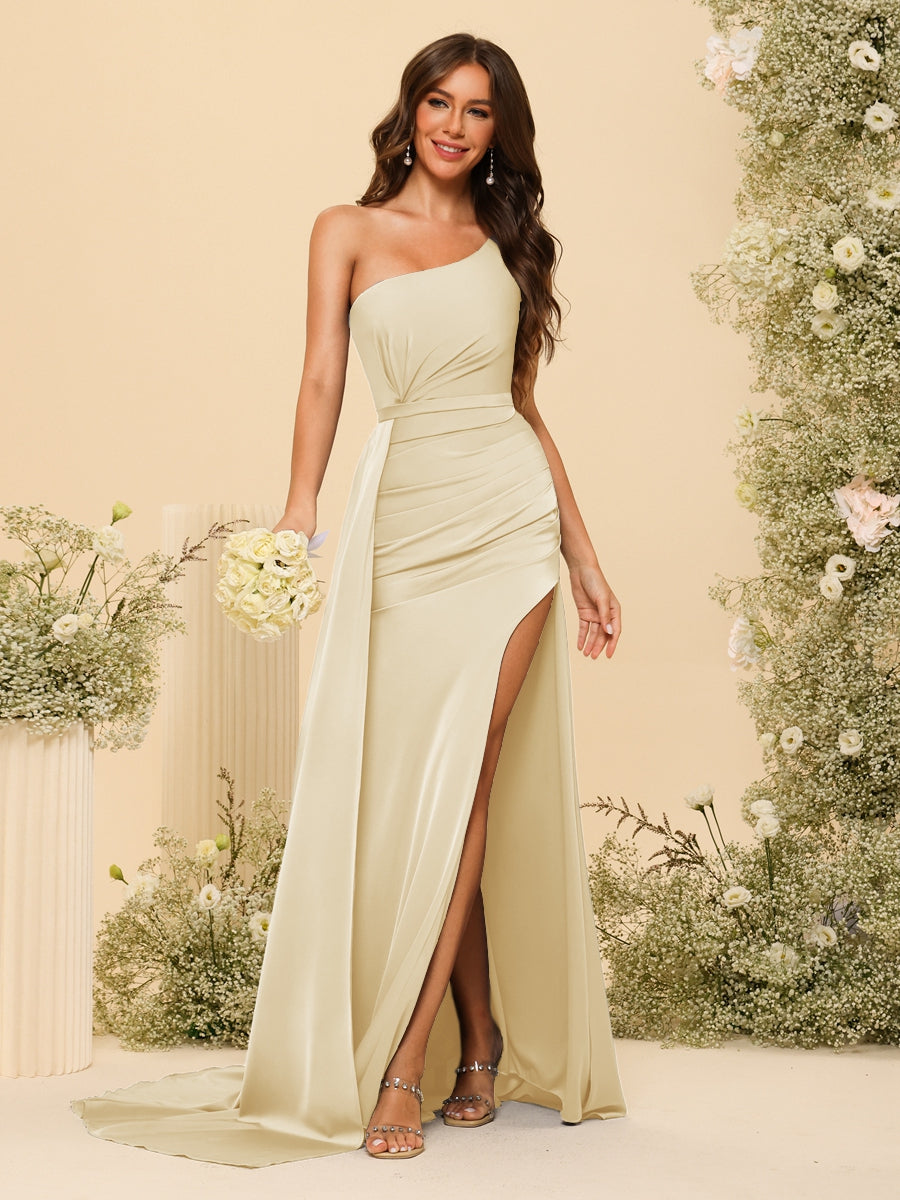 Sheath/Column One-Shoulder Long Formal Dresses with Split Side & Ruched - 画像 (24)