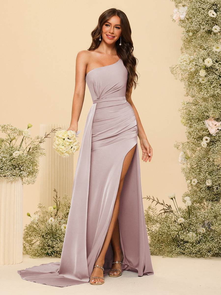 Sheath/Column One-Shoulder Long Formal Dresses with Split Side & Ruched - 画像 (31)
