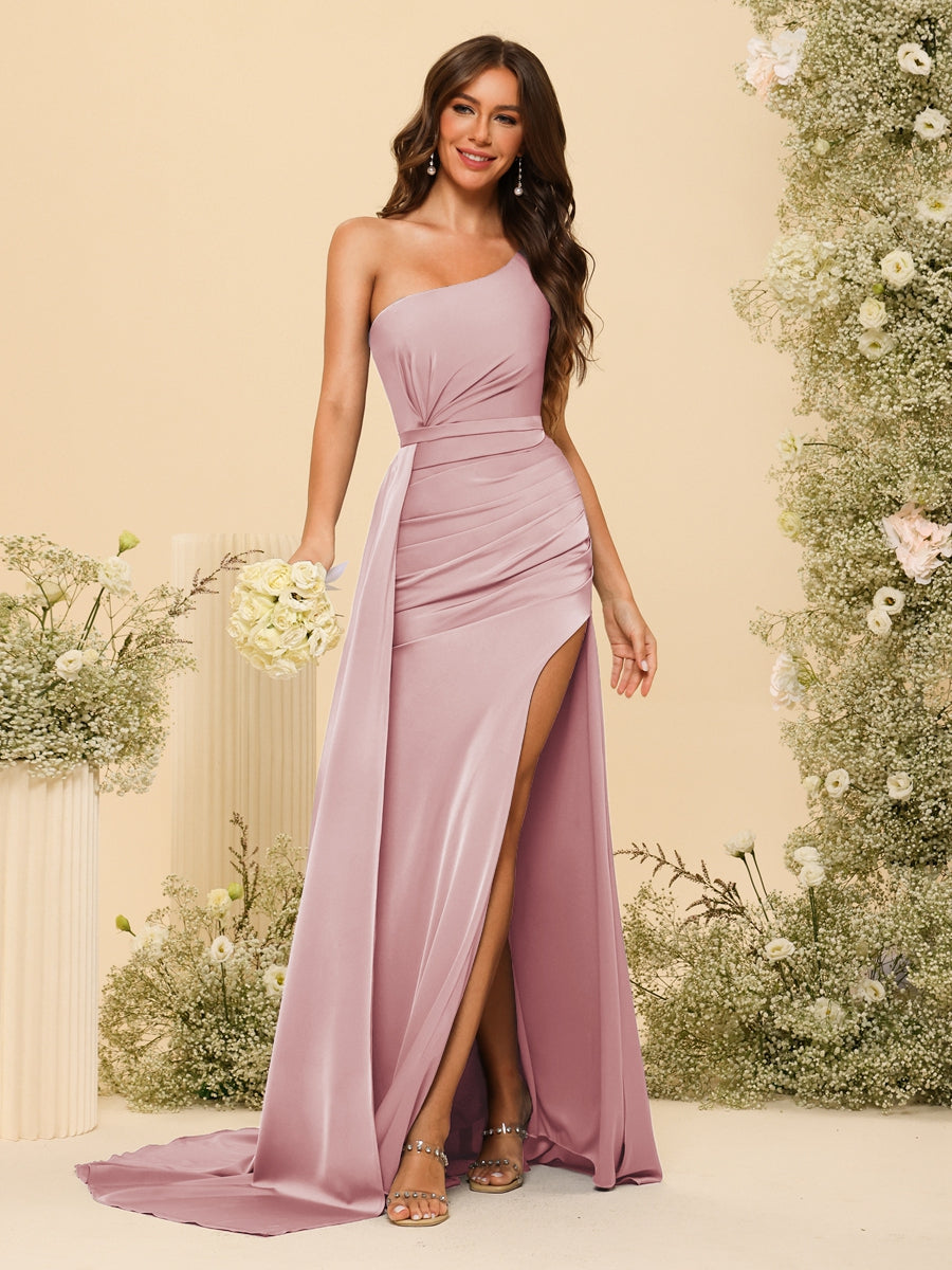 Sheath/Column One-Shoulder Long Formal Dresses with Split Side & Ruched - 画像 (11)