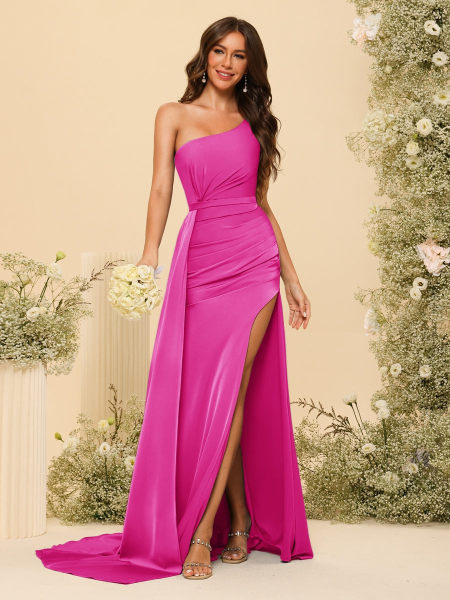 Sheath/Column One-Shoulder Long Formal Dresses with Split Side & Ruched - 画像 (36)