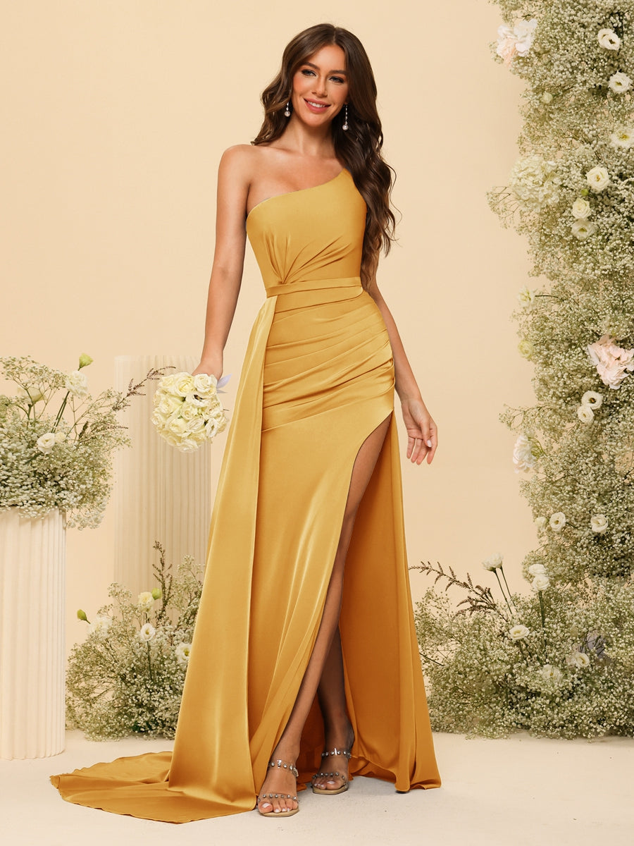 Sheath/Column One-Shoulder Long Formal Dresses with Split Side & Ruched - 画像 (64)