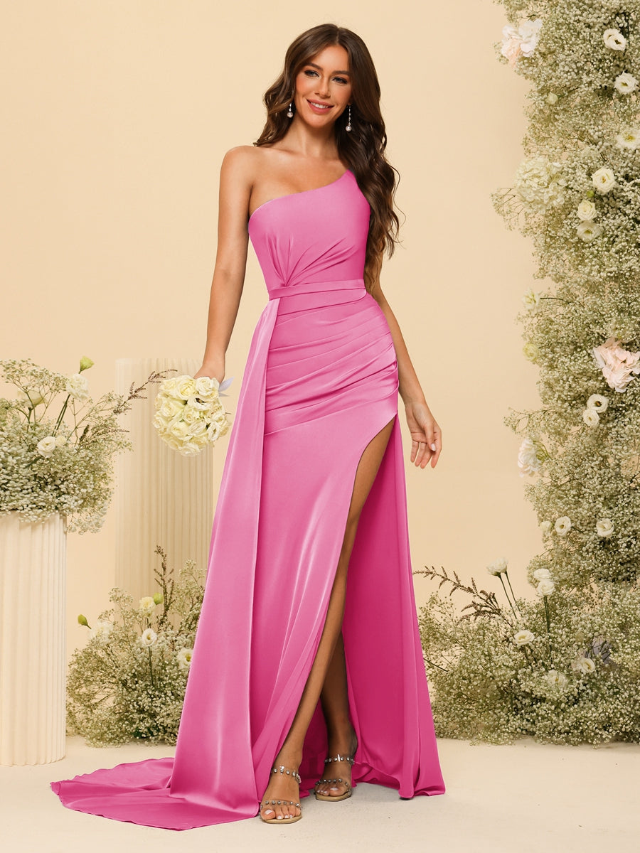 Sheath/Column One-Shoulder Long Formal Dresses with Split Side & Ruched - 画像 (34)