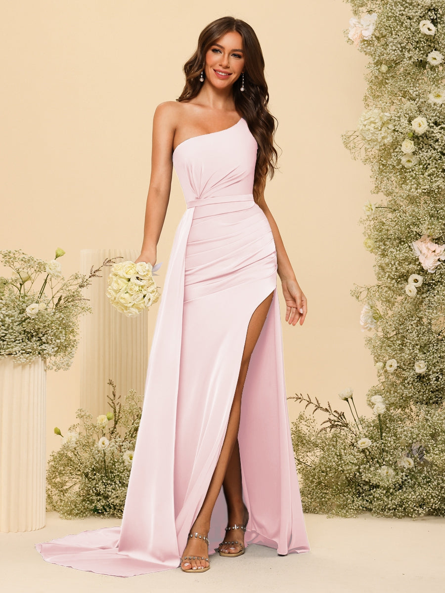 Sheath/Column One-Shoulder Long Formal Dresses with Split Side & Ruched - 画像 (27)