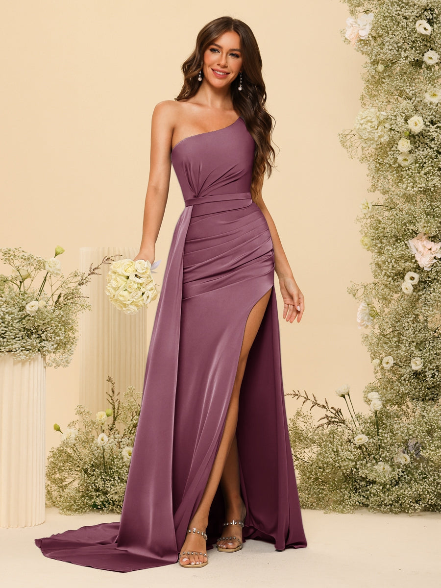 Sheath/Column One-Shoulder Long Formal Dresses with Split Side & Ruched - 画像 (42)