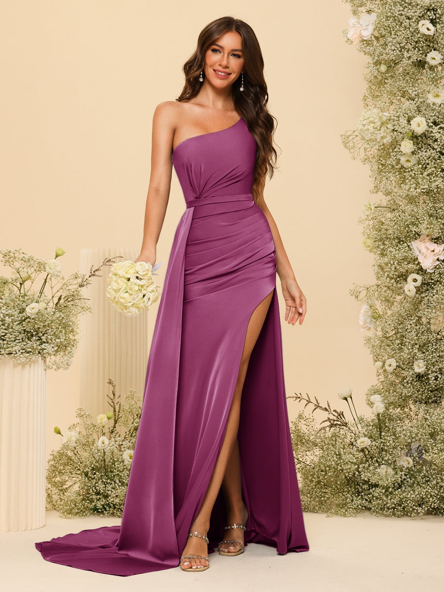 Sheath/Column One-Shoulder Long Formal Dresses with Split Side & Ruched - 画像 (43)