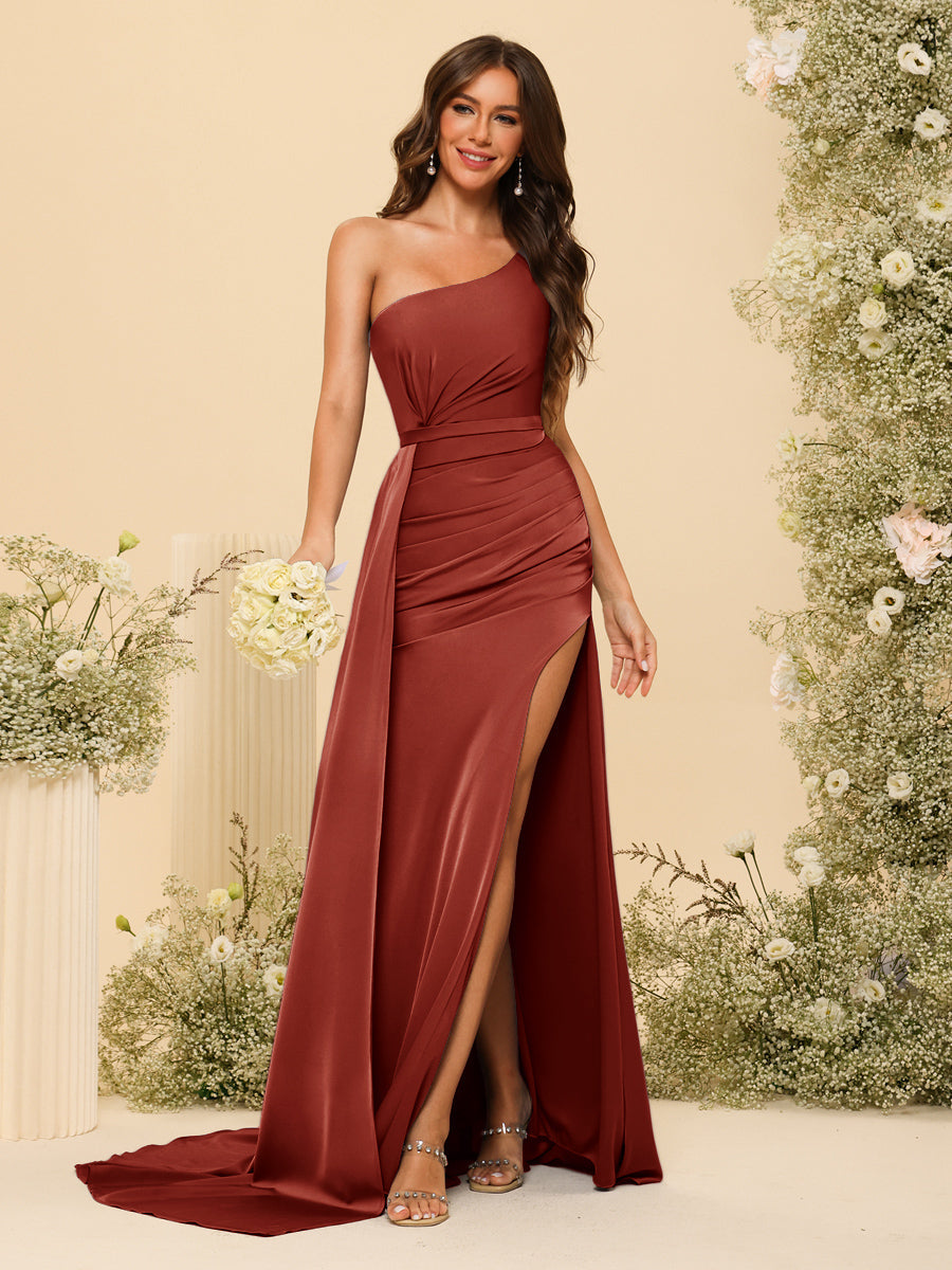 Sheath/Column One-Shoulder Long Formal Dresses with Split Side & Ruched - 画像 (18)